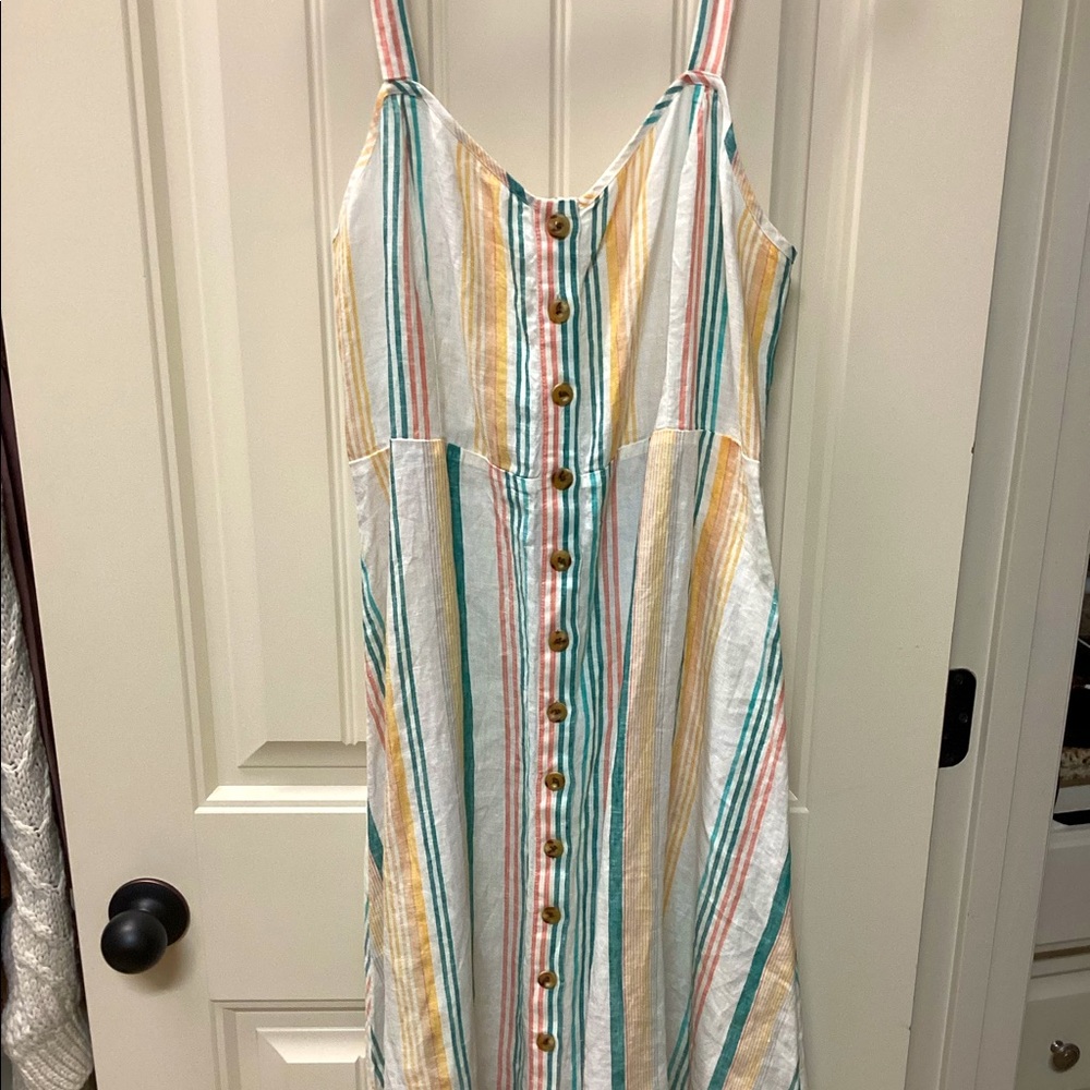 MIDI length button down dress with smocked waist.